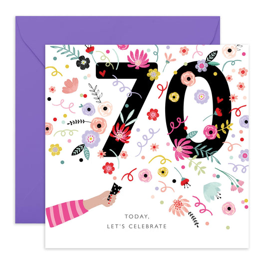 Female Birthday Card For 70th Birthday - Floral Confetti - Let's Celebrate - Pretty Greeting Cards For Women - Gifts For Her - 70 Year Old - Comes With Stickers - By Central 23
