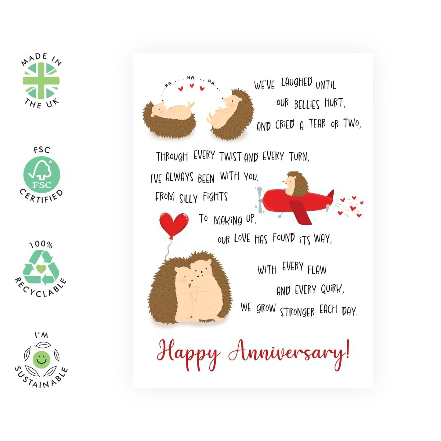 Greeting Card - 'HEDGEHOG LOVE ANNIVERSARY POEM' - Perfect for Celebrating Your Special Day with Adorable Hedgehog Charm - Ideal for Your Wife Husband Anniversary - Comes With Stickers By Central 23