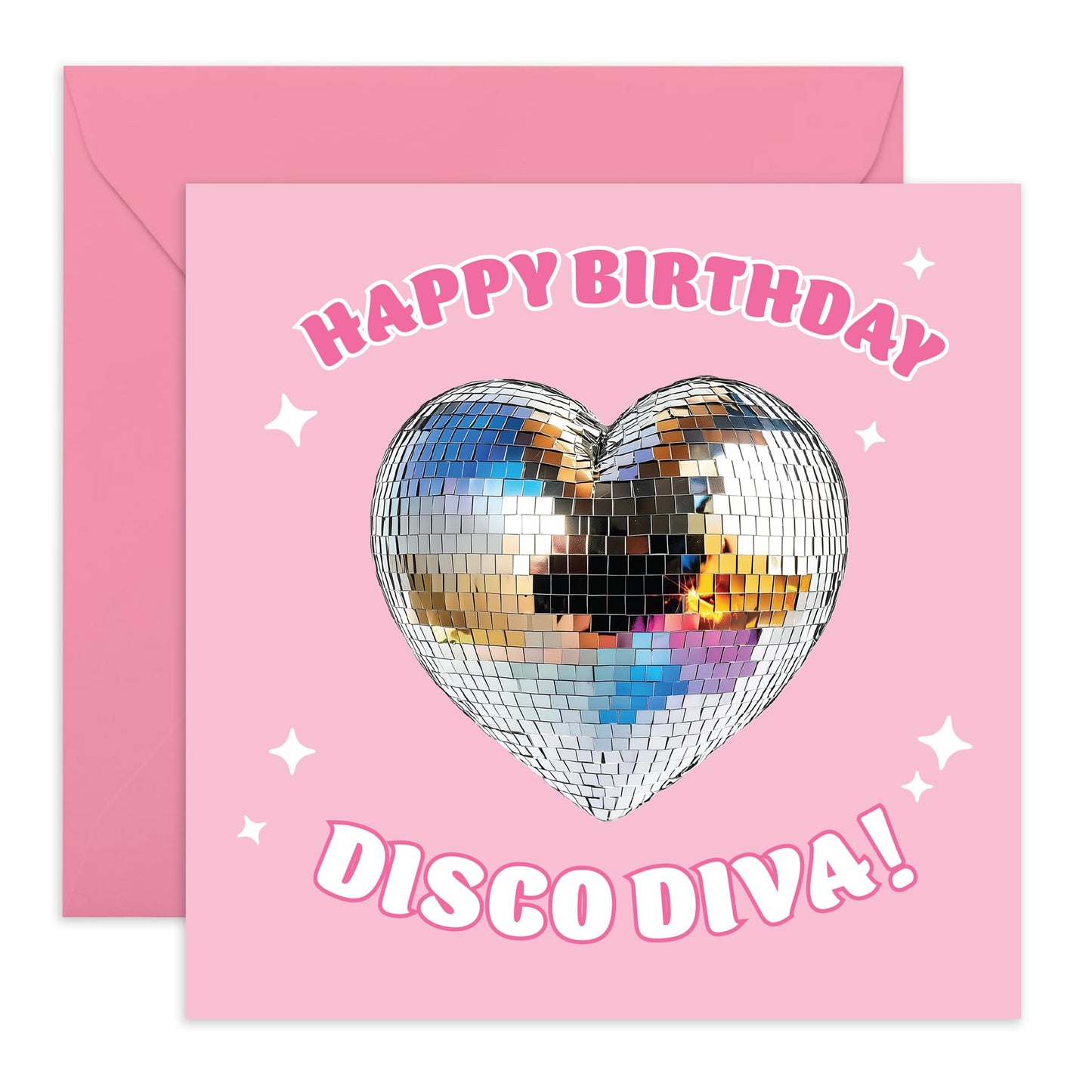 Happy Birthday Disco Diva Card – Fun & Glamorous Greeting Card for Wife, Friends, BFF, Besties, Auntie, Sister, Grandma, Colleagues, Women, Ladies, Girls - Heart-Shaped Disco Ball-Comes with Stickers