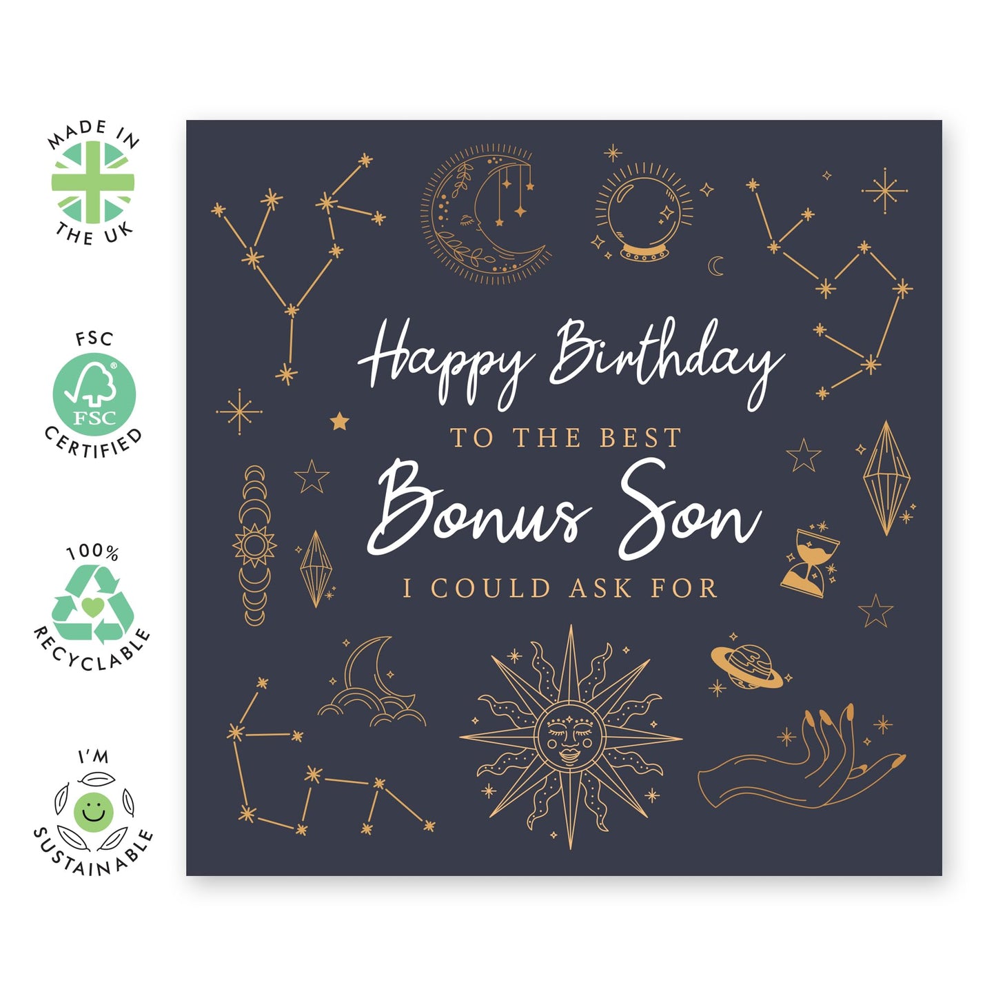 Birthday Greeting Card - 'BONUS SON CELESTIAL' - Perfect for Celebrating a Special Day with Love and Wonder - Ideal for Bonus Sons Buddy Boy Family Members - Comes With Stickers By Central 23