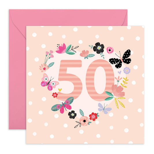 50th Birthday Card For Mummy - 50th Floral Butterflies - Floral Birthday Card - Wife Mum - Gifts For Aunt - Happy Fiftieth Birthday Greeting Card Female Friends - Comes With Fun Stickers By Central 23