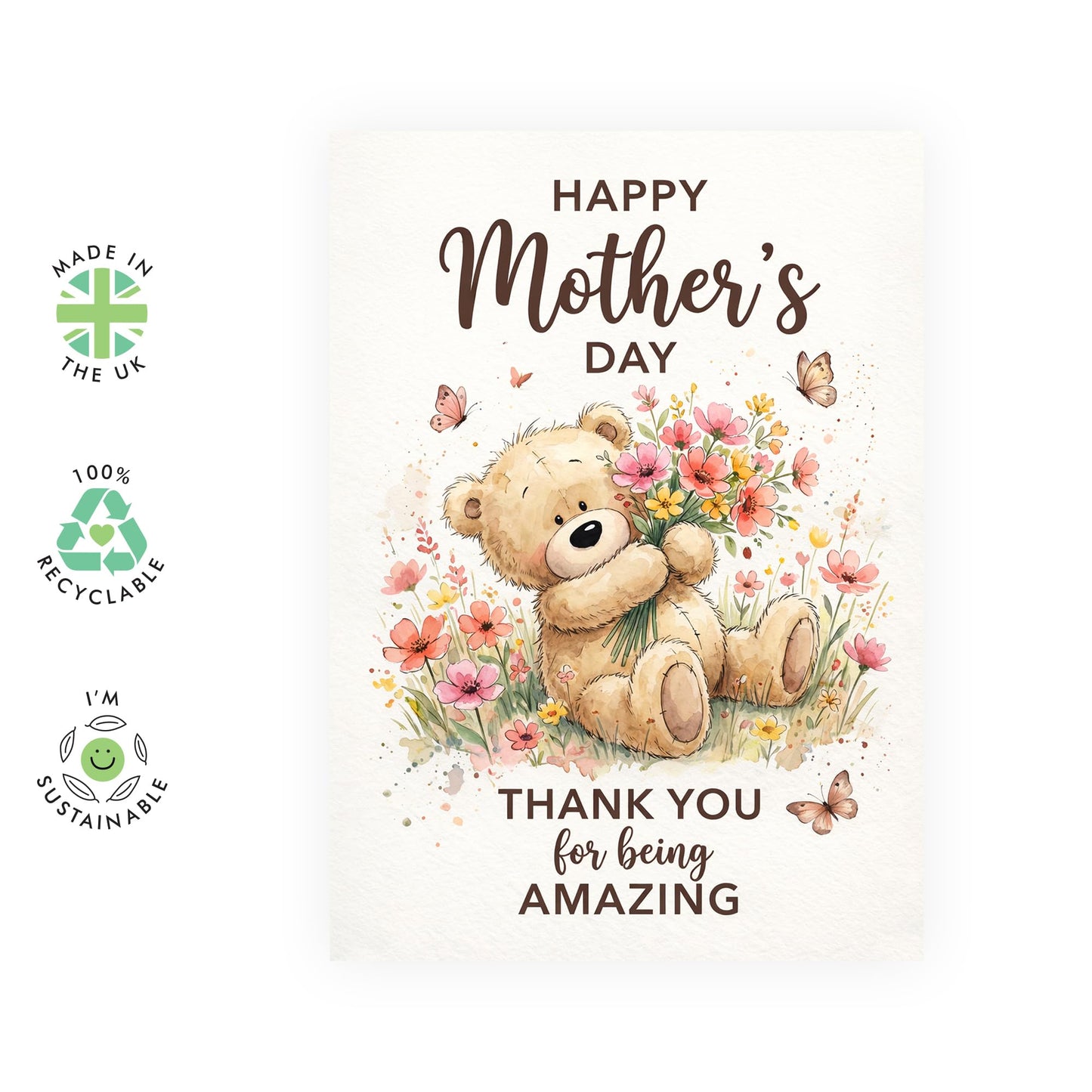 Teddy Bear Mother’s Day Card – Thank You and Appreciation Greeting for Mama Mum Mummy Her Wife Women From Son Daughter Family –Cute Floral Keepsake Greeting -Comes with Stickers