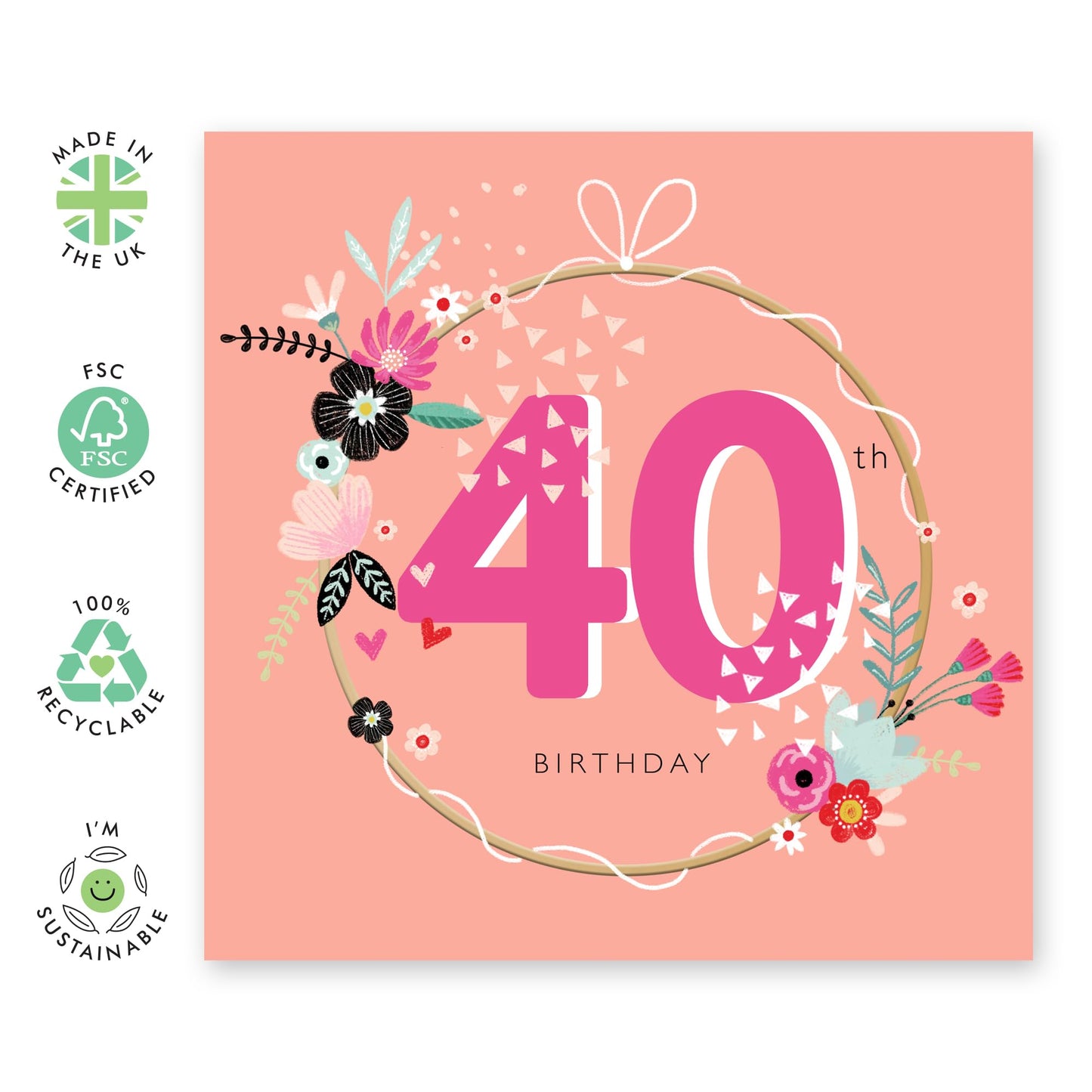 40th Birthday Card For Wife - 40th Birthday Wreath - Floral Birthday Card Mum Mummy - Bday Card For Aunt - Happy Fortieth Birthday Greeting Card Female Friends - Comes With Stickers By Central 23