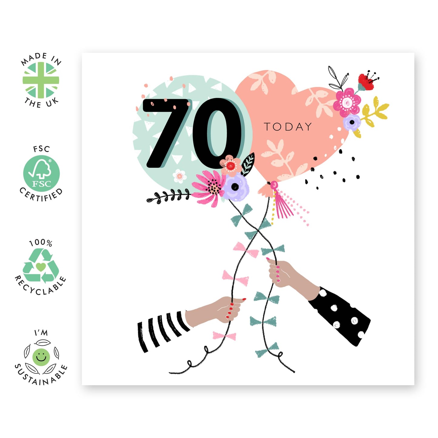 70th Birthday Card For Women - Balloons - Greeting Cards Birthday Female - Cute Birthday Cards For 70 Year Old - Age Seventy - For Mum Nan Auntie - Comes With Stickers - By Central 23