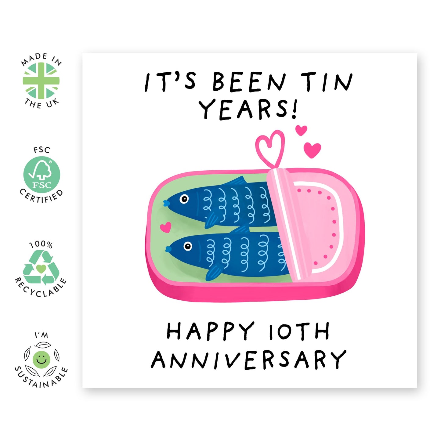 Funny Anniversary Card For Him Her Husband Wife - Tin Years Sardines - Happy Ten Year Anniversary Card - I Love You Gifts For Boyfriend Girlfriend Partner - Comes With Stickers By Central 23