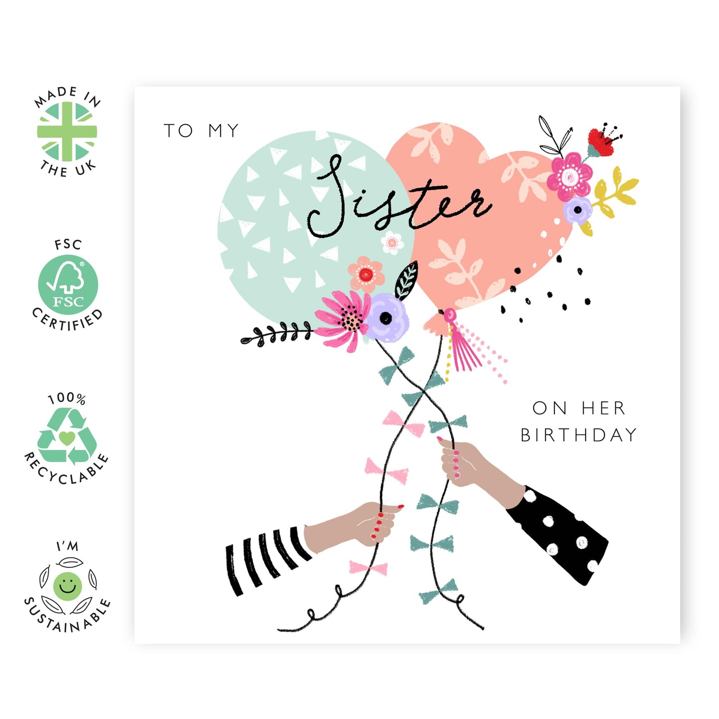 Sister Birthday Cards - Bday Balloons - Happy Birthday Cards For Women - Pretty Quirky Gifts Presents For Her Female Sibling - Comes With Stickers By Central 23