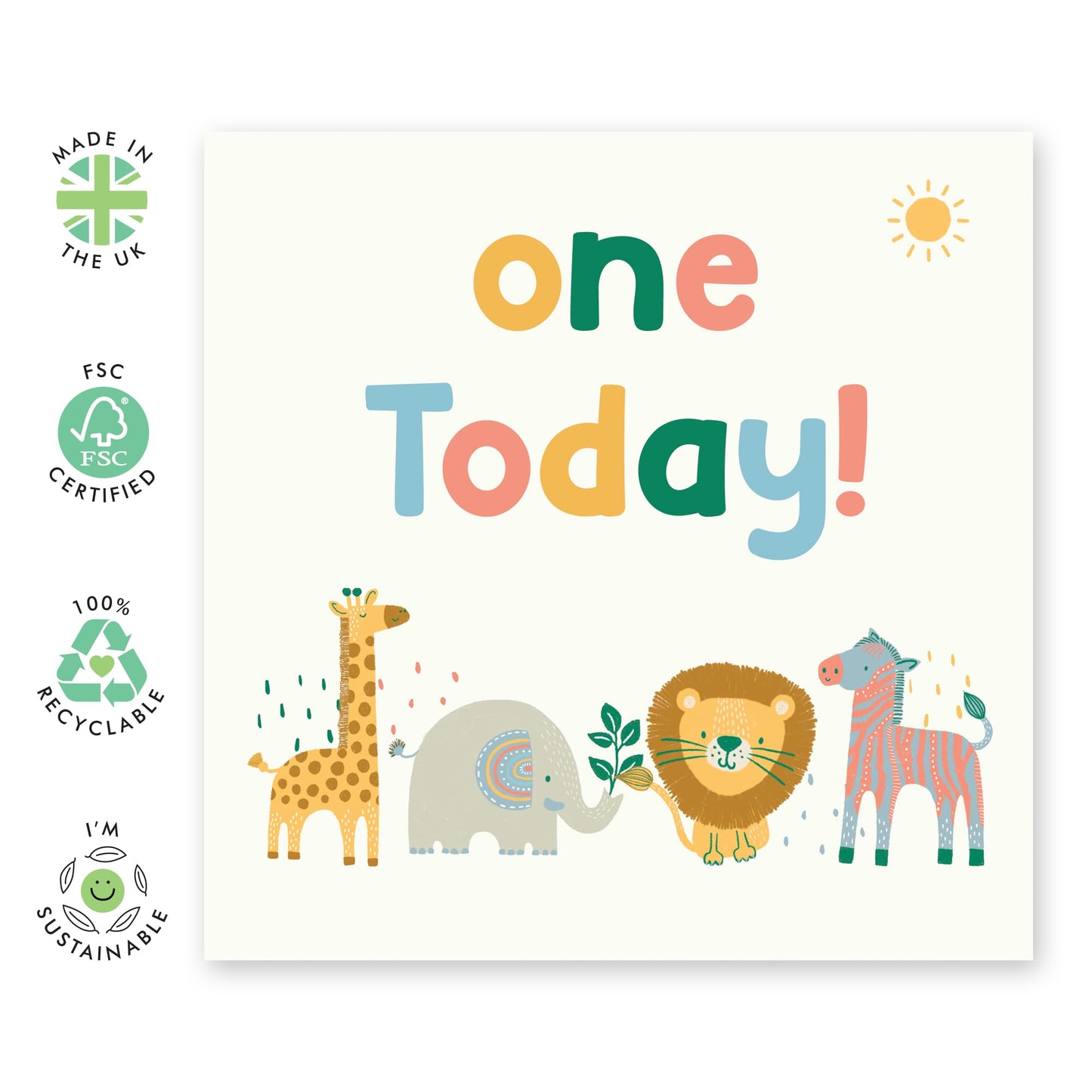1st Birthday Greeting Card - 'One Today Safari Animals' - Gifts for 1 Year Olds, Boys, Girls, Baby, Toddlers, Niece, Nephew, Son, Daughter - Lion Zebra Elephant Giraffe - Comes with Fun Stickers