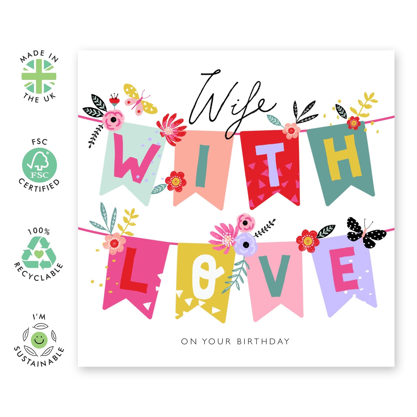 Wife Birthday Card - I Love You Cards For Her - Flowers And Butterflies Greeting Card For Women - Sweet Wife Gifts For Wives - Comes With Cute Stickers By Central 23