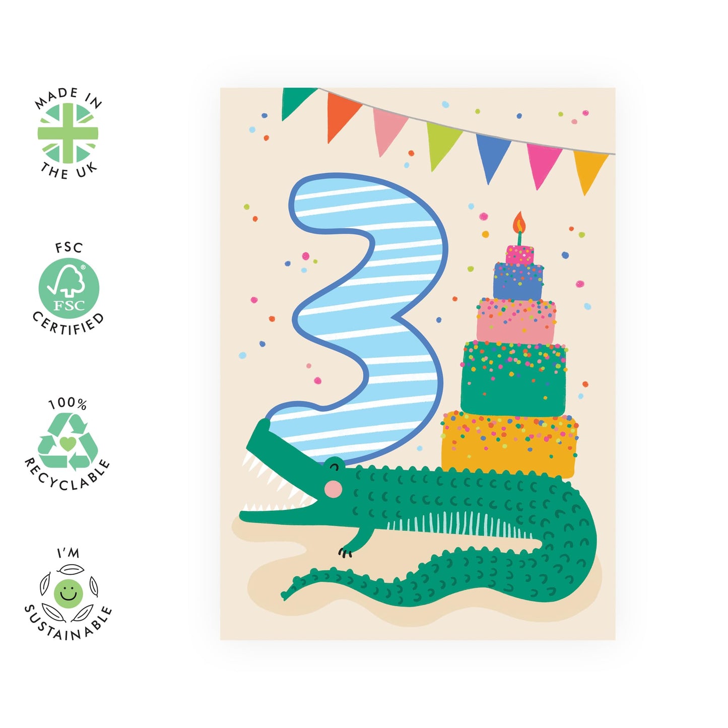 Happy 3rd Birthday Card Boy Girl - Bday Cake And Crocodile - Third Birthday Cards For Kids Baby Toddlers - Gifts For Godson Granddaughter Niece Age Three - Comes With Cute Stickers By Central 23