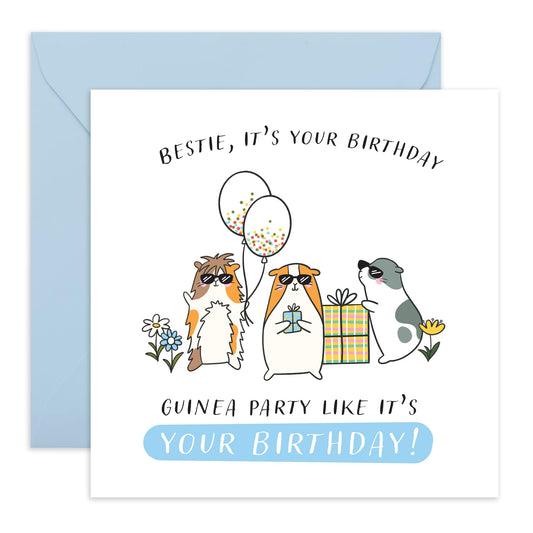 Hilarious Birthday Card for Best Friend - Funny Guinea Pig Party Design for Bestie, Animal Lover, Cute Friend Birthday Card with Balloons and Gifts - Presents for Her, Him, or Them