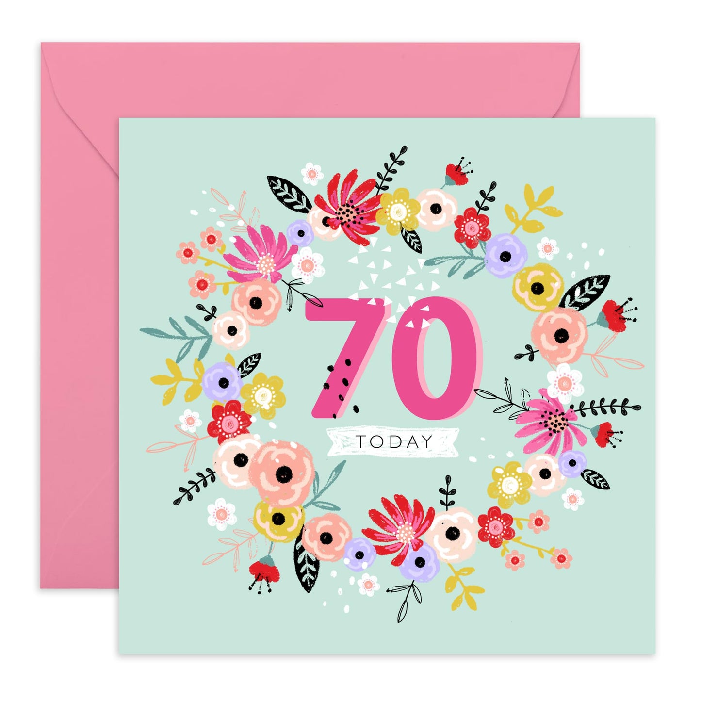 Floral Birthday Card For Her - 70 Today - Flower Wreath - 70th Birthday Gifts For Women - Birthday Cards For Mum Nan Wife - Seventy Year Old - Comes With Stickers - By Central 23