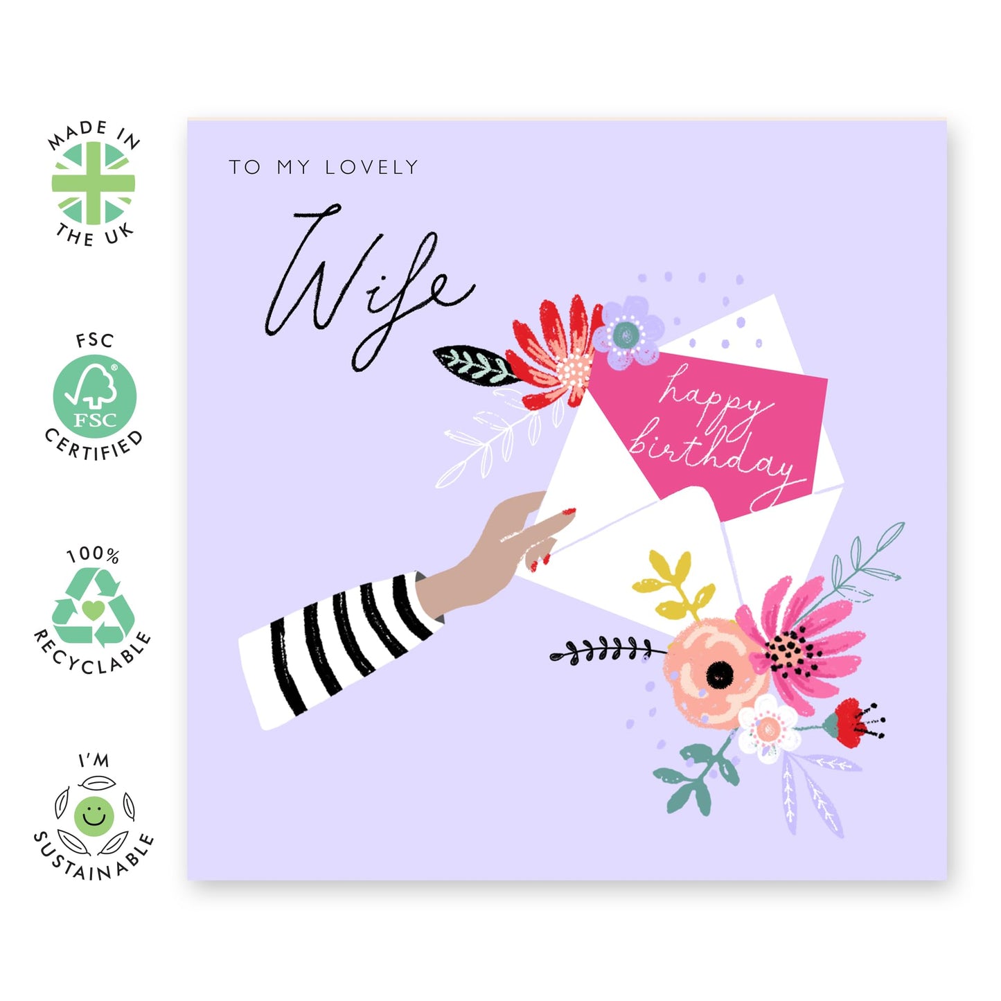 Wife Birthday Card - To My Lovely Wife - Purple Birthday Cards for Women - Happy Birthday Wife Card Floral - Sweet Heartfelt Gifts for Her - Comes With Cute Stickers By Central 23