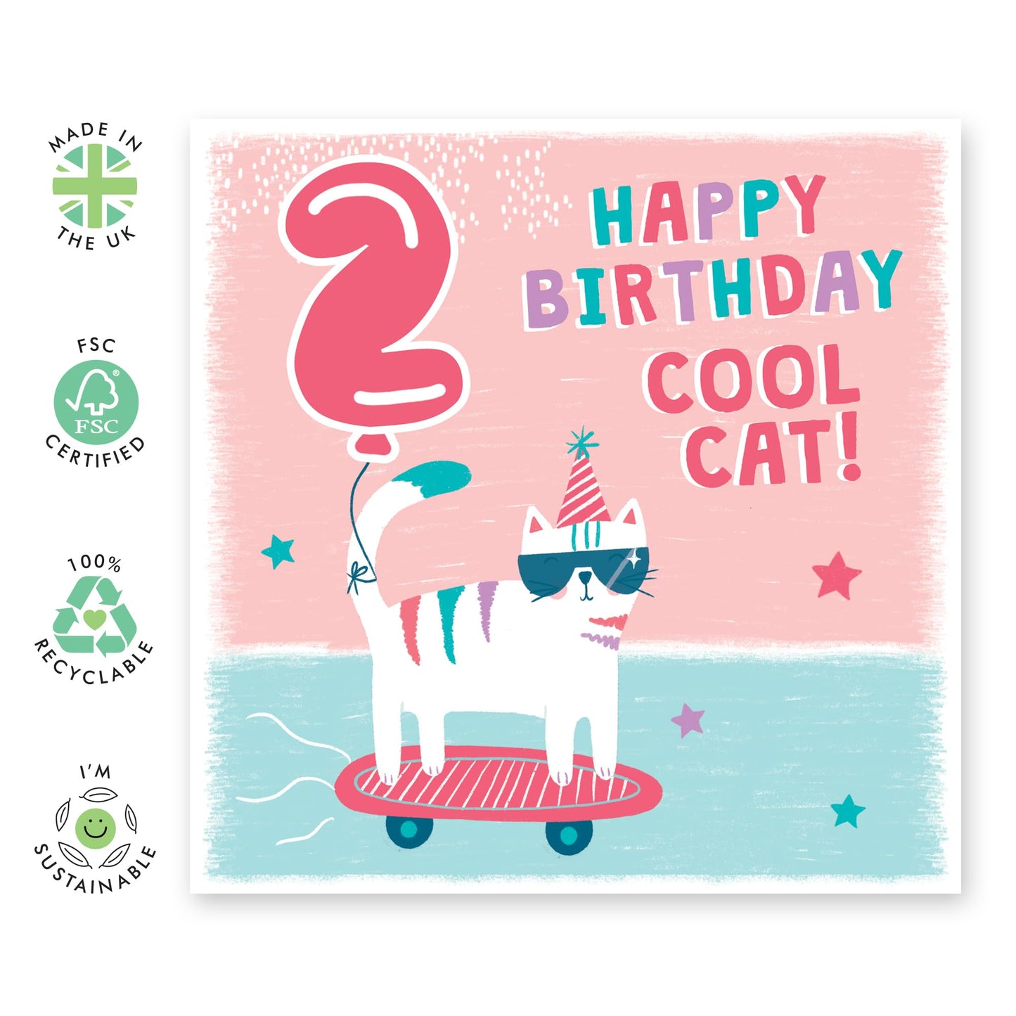 Cat Birthday Card Age Two - Happy Second Birthday Cards For Kids Toddler Boys Girls - 2nd Bday Greeting Cards Milestone - Gifts For Him 2 Year Old Son Grandson - Comes With Cute Stickers By Central 23