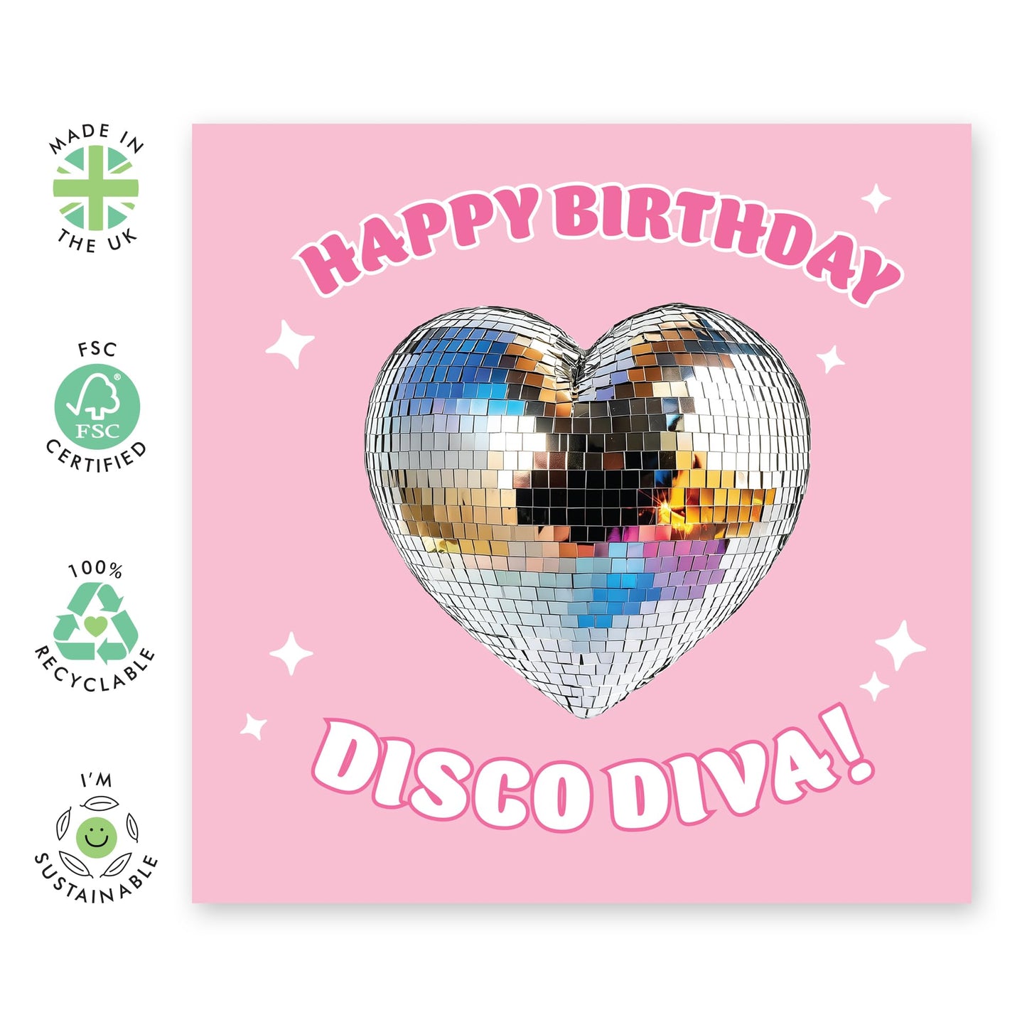 Happy Birthday Disco Diva Card – Fun & Glamorous Greeting Card for Wife, Friends, BFF, Besties, Auntie, Sister, Grandma, Colleagues, Women, Ladies, Girls - Heart-Shaped Disco Ball-Comes with Stickers