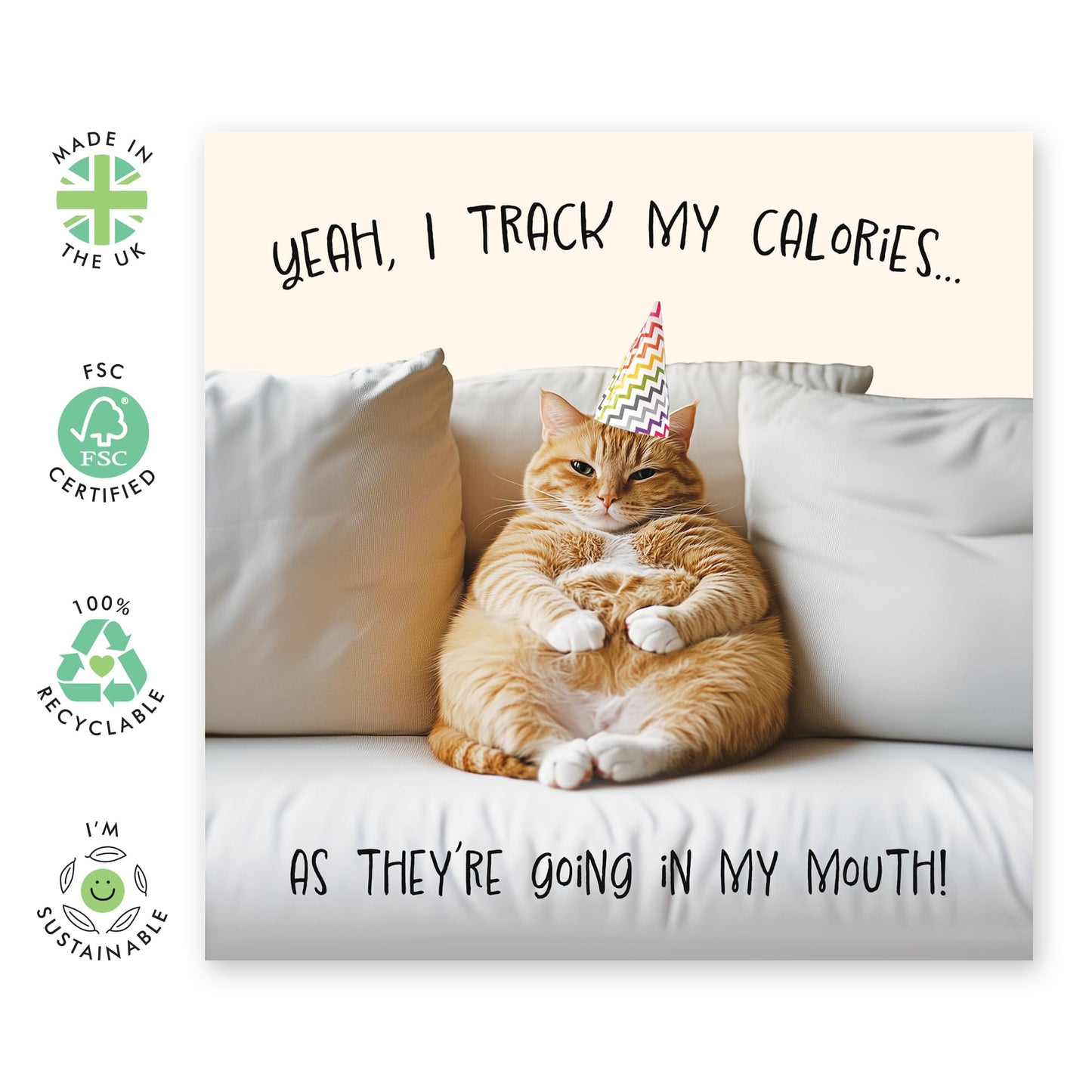 Birthday Card Health Conscious Cat - 'Fat Cat Track My Calories' - Gifts for Friends, Him, Her, Women, Men, Dad, Brother, Boyfriend, Colleagues - Fatty - Comes with Fun Stickers