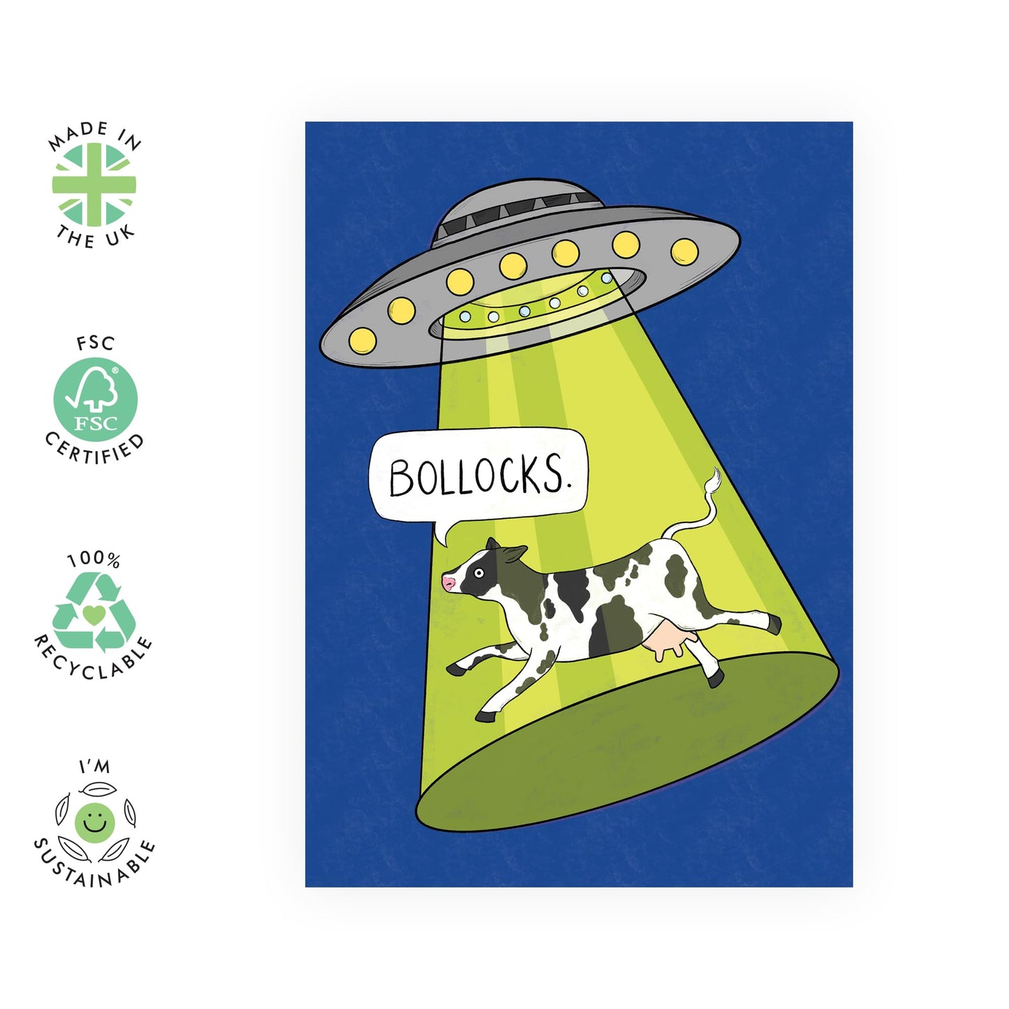 Funny Birthday Cards For Friends - Bullocks UFO Cow - Hilarious Cow Greeting Cards - British Pun Humour Jokes - Gifts For Him Her Men Women Coworker - Comes With Stickers And Envelope - By Central 23