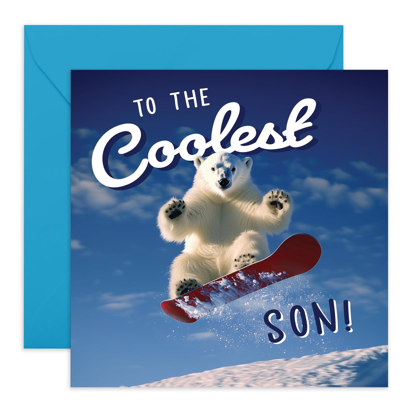 Snow Happy Birthday Card - 'Coolest Son Polar Bear' - Gifts for Sons, In-Laws, Step Son, Boys, Children from Mum & Dad - Snowboard - Comes with Fun Stickers
