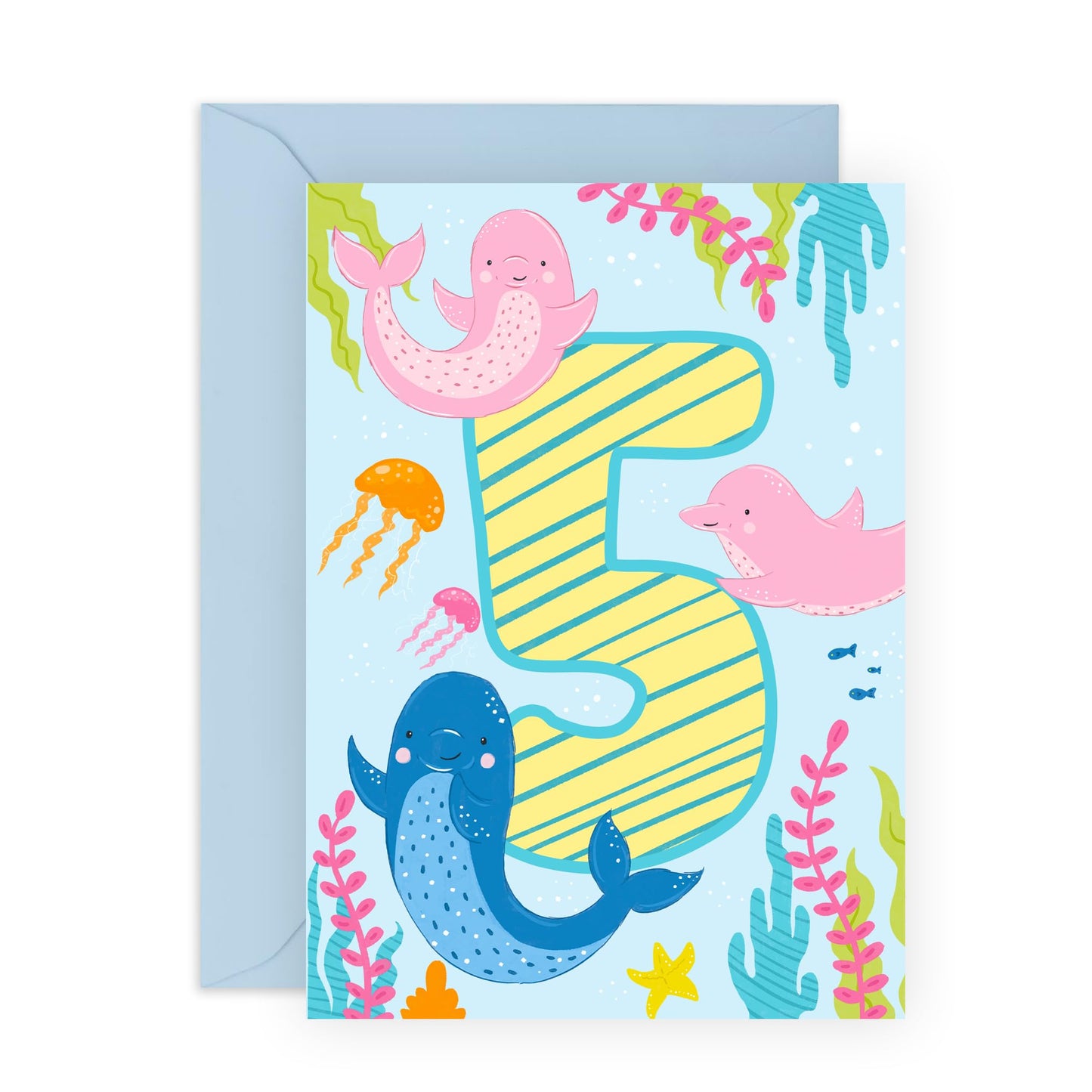 5th Birthday Card Girl Boy - Cute Dolphins Pink Blue Green - Fifth Birthday Card - Milestone Kids Age Card - Five Year Old Gifts For Toddler - Comes With Fun Stickers By Central 23