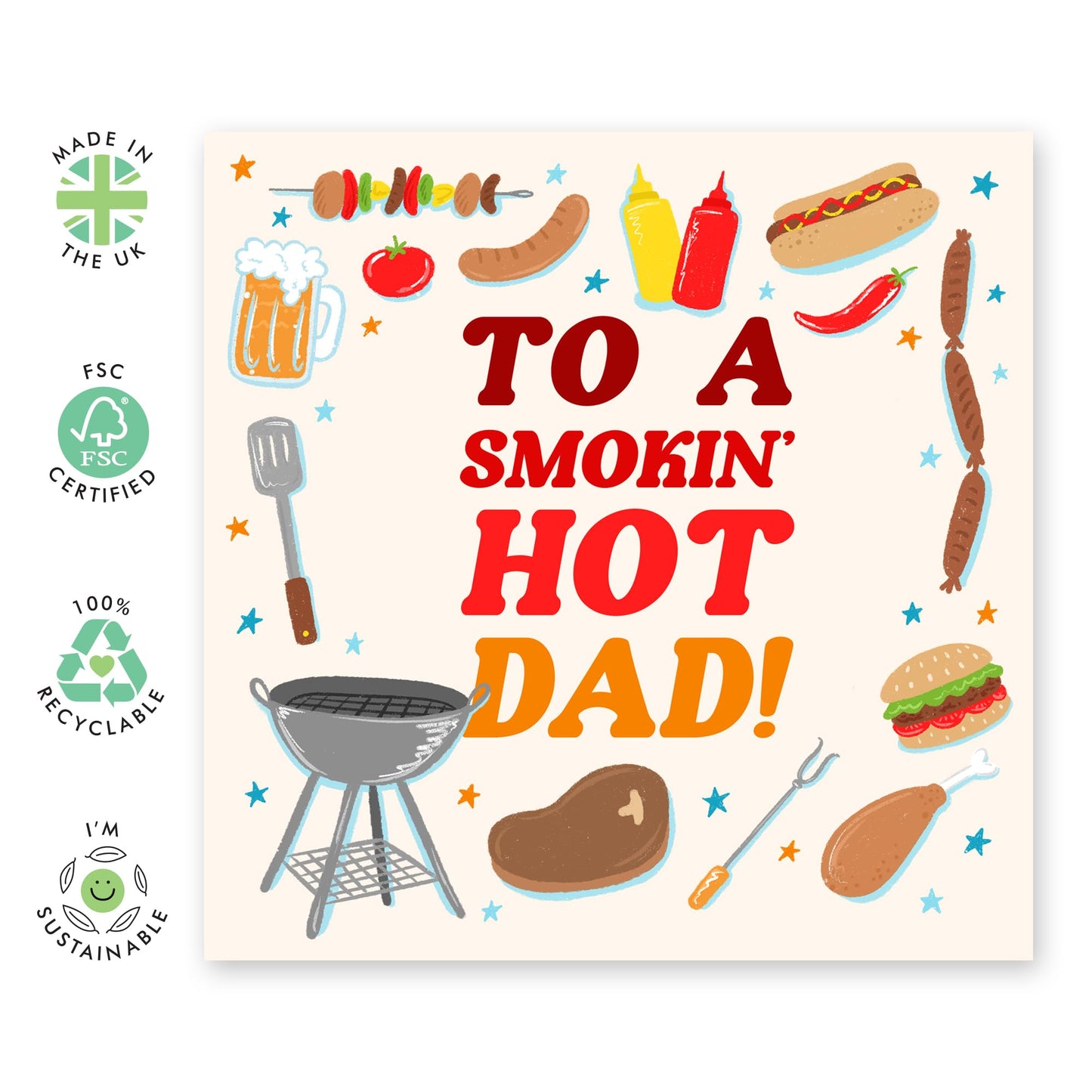 Funny Birthday Card For Men - Smokin Hot Dad BBQ - Humorous Greeting Cards For Him - Father’s Day Card For Step Dad Daddy Papa - Comes With Stickers - By Central 23