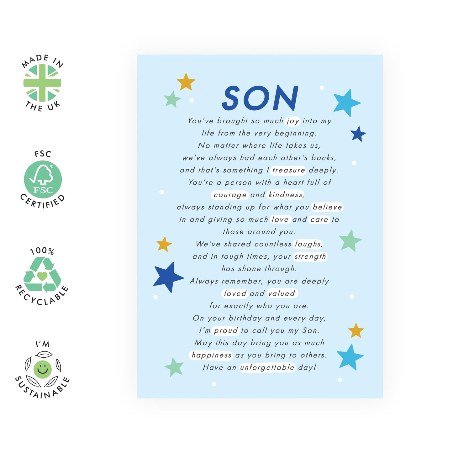 Birthday Card Sweet Message To My Son - 'Son' - Gifts for Him, Boys, Men, Kids, Children, Family From Mum, Dad - Deeply Touched - Comes with Fun Stickers