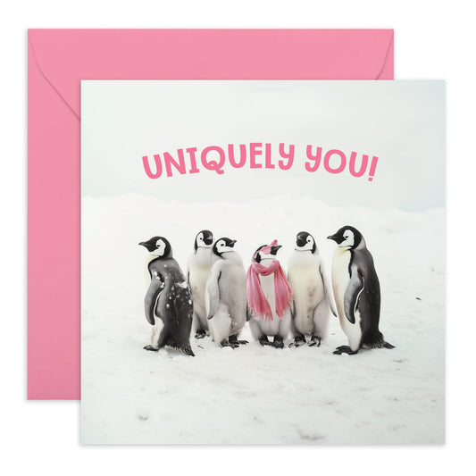Greeting Card - 'UNIQUELY YOU PINK PENGUIN' - Perfect for Celebrating Individuality with a Stylish & Playful Twist - Ideal for Those Who Embrace Their Unique Charm - Comes With Stickers By Central 23