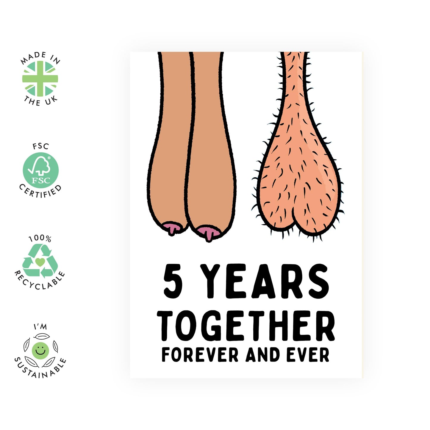 Hilarious 5th Anniversary Card - '5 Years Together Forever' - Gifts for Husband, Wife, Her, Him, Spouse, Partner, Honey, Babe - Balls and Melons - Comes with Fun Stickers