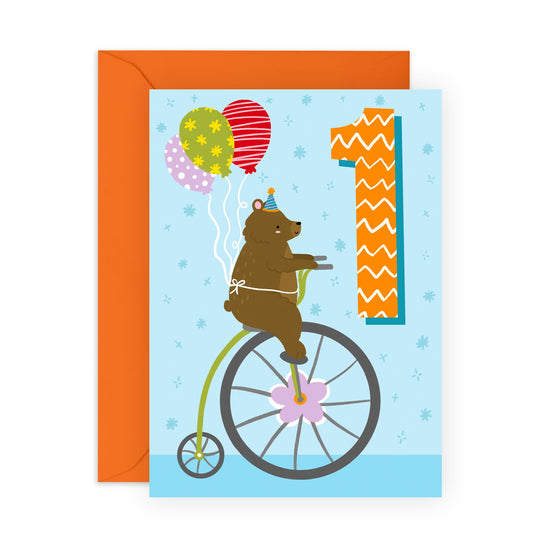 1st Birthday Card Boys Girls - Bear Age 1 Birthday - Baby Milestone Cards Age One - First Birthday Cards - Animal - Gifts For Son Daughter Niece Nephew - Comes With Stickers By Central 23