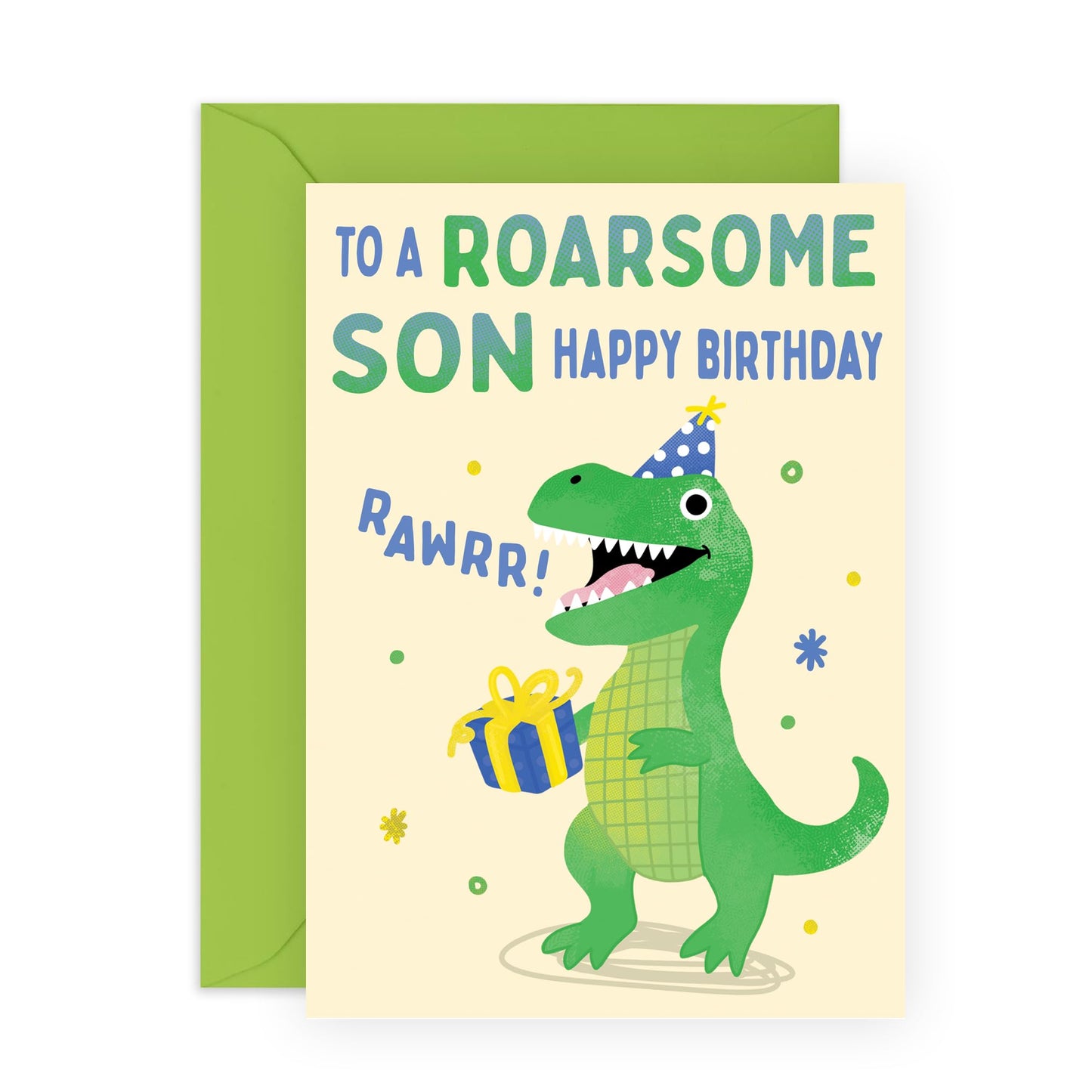 Cute Dinosaur Birthday Card - 'Roarsome Son' - Gifts for Boys, Sons, Kids, Children, Family - Green Dino - Comes with Fun Stickers