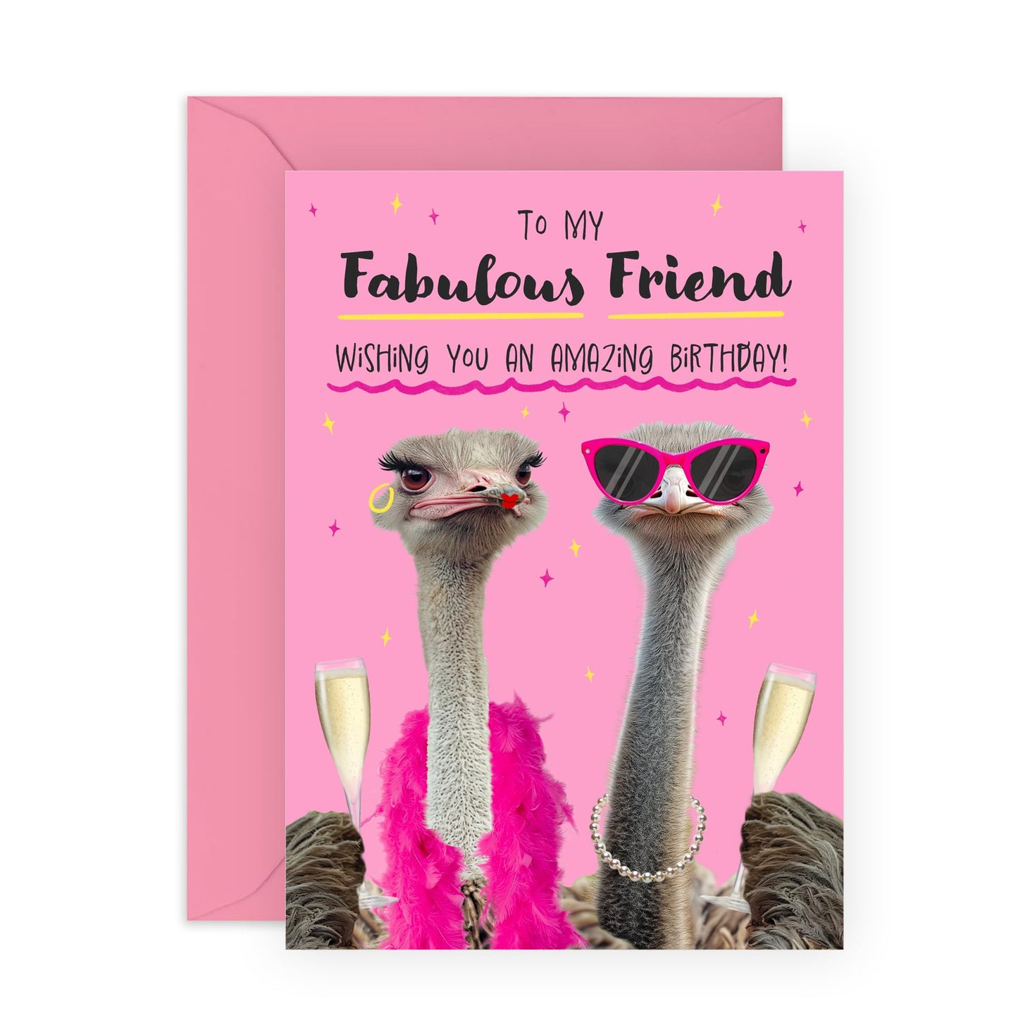 Fab Birthday Card - 'Fabulous Friends Birds' - Gifts for Best Friends, BFF, Co-workers, Colleagues, Besties, Girlfriend, Bestie, Gals, Sister, Sis - Ostrich In Glasses - Comes with Fun Stickers