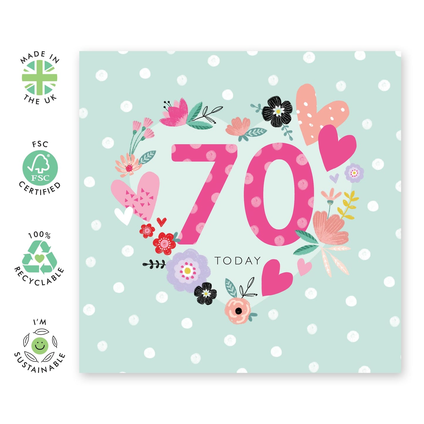70th Birthday Card - Flower Heart Polka Dot - Pretty Birthday Cards For Women Female Ladies - Bday Greeting Cards For Her - Age 70 - Comes With Stickers - By Central 23