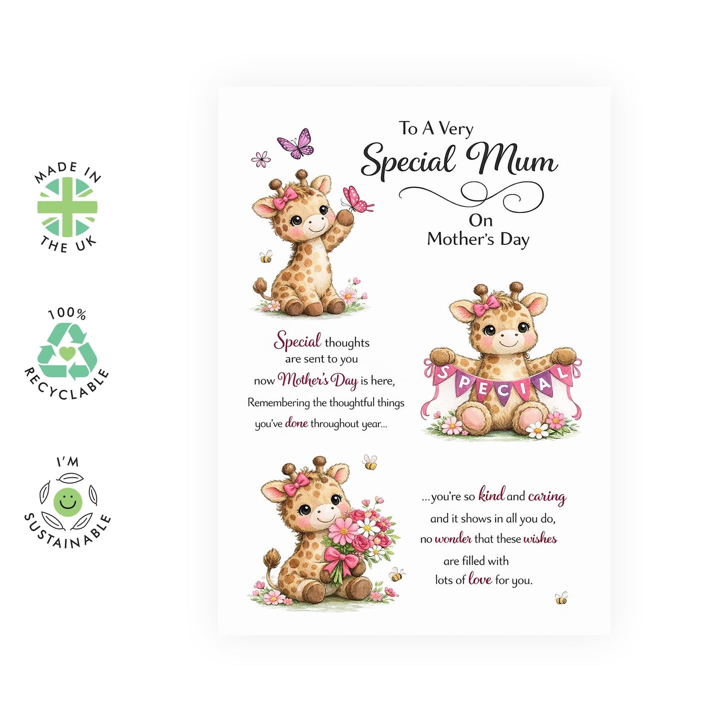 Cute Mother’s Day Card – Baby Giraffe, Butterfly Design for Mama Mums Mummy Her Wife Ladies Women from Family Son Daughter - Thank You, Kind and Caring -Comes with Sweet Stickers