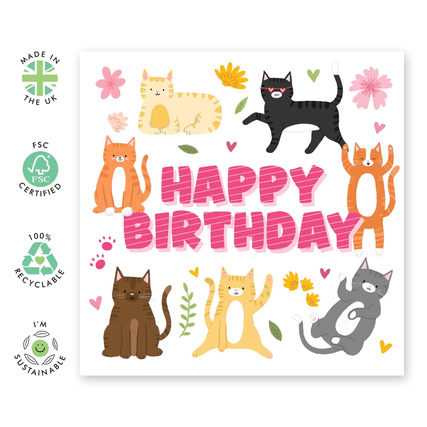Charming Birthday Card with Lots of Cats - 'HAPPY BIRTHDAY' - Perfect for Cat Lovers - Ideal for Celebrating Birthdays with Feline Friends - Includes Envelope and Stickers by Central 23