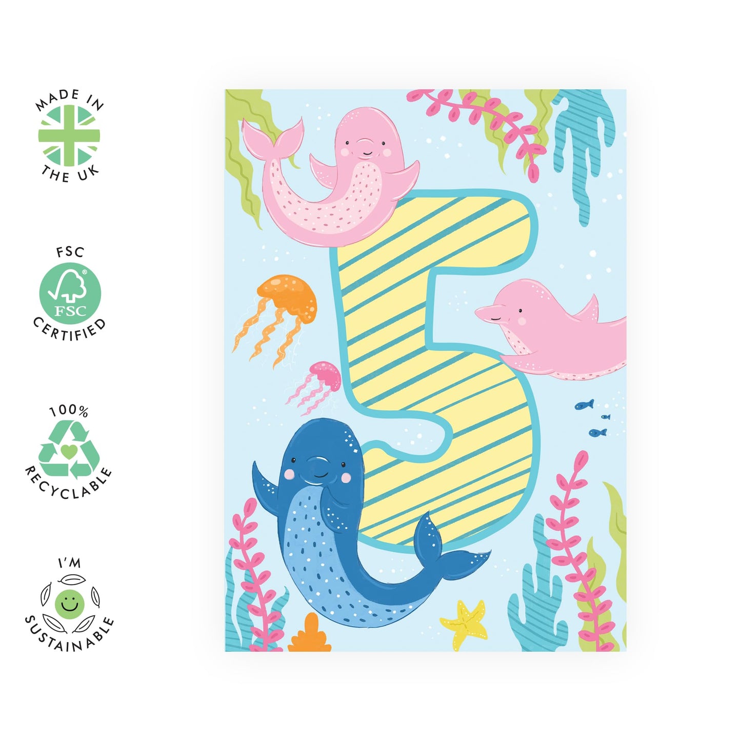 5th Birthday Card Girl Boy - Cute Dolphins Pink Blue Green - Fifth Birthday Card - Milestone Kids Age Card - Five Year Old Gifts For Toddler - Comes With Fun Stickers By Central 23
