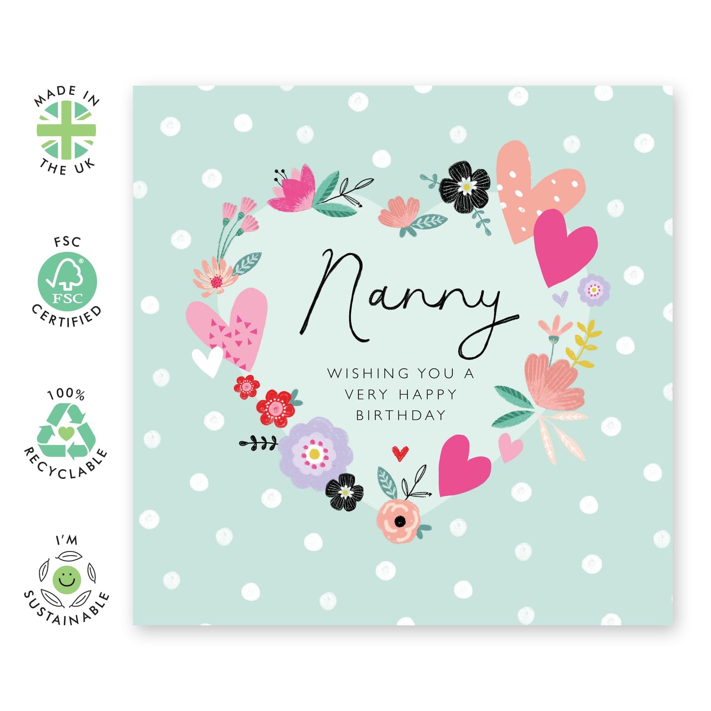 Nanny Birthday Cards - Grandma Gifts For Her - Hearts Flowers Polka Dots Sage Green - Floral Greeting Cards For Women Nana Grandmother - Comes With Fun Stickers - By Central 23