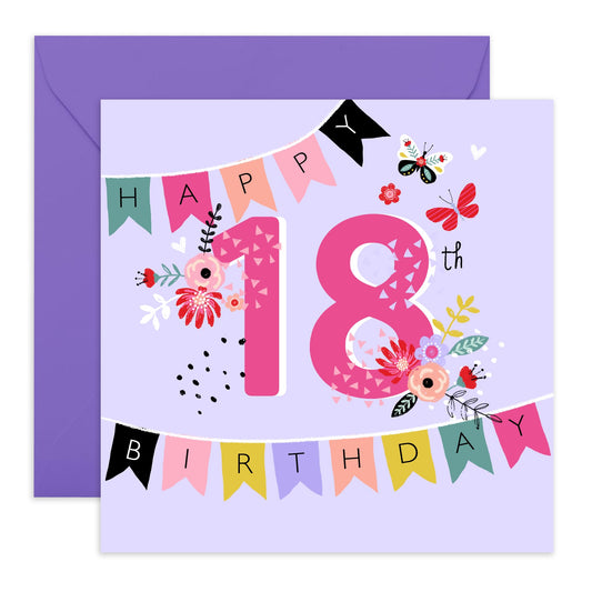 18th Birthday Card - 18 Happy Birthday Garland - Happy Eighteenth Birthday Cards - 18 Year Old Gifts For Best Friend Women Her - Floral Bday Card - From Mum Dad - Comes With Stickers By Central 23