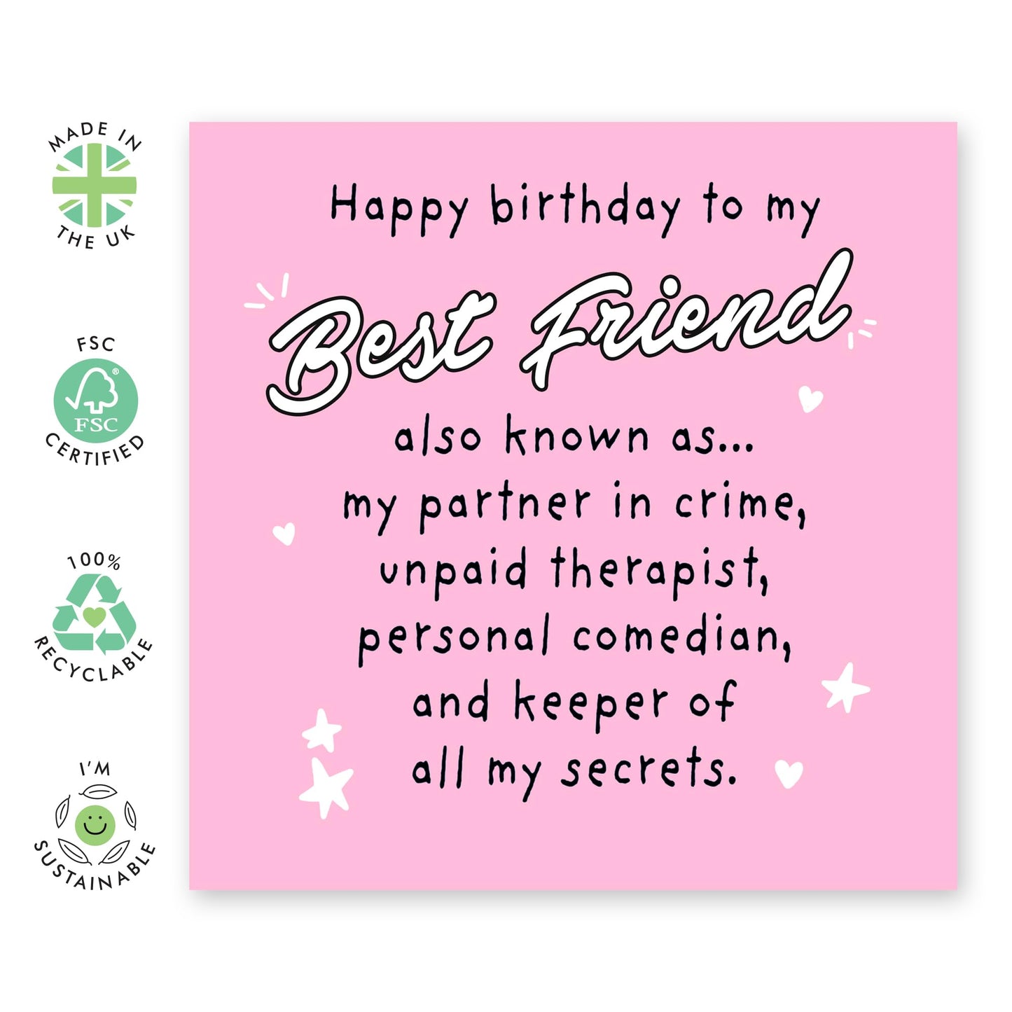 Sweet BFF's Birthday Card - 'Best Friend Also Known As' - Gifts for Besties, Friends For Life, Her, Girls, Ladies - Keeper Of Secrets & Personal Comedian - Comes with Fun Stickers