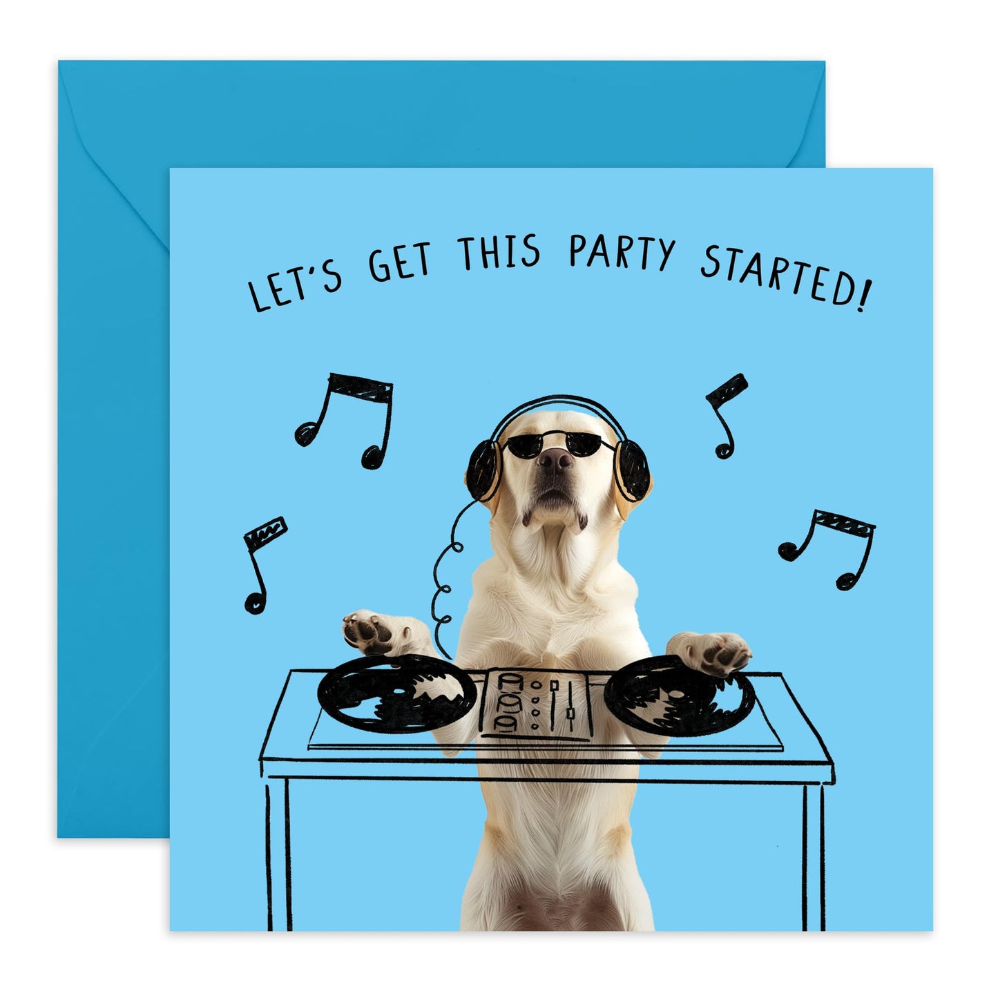 Birthday Card - 'DJ DOG PARTY STARTED' - Perfect for Kicking Off the Celebration with a Canine Twist - Ideal for Adding a Fun & Energetic Touch to Their Special Day - Comes With Stickers By Central 23