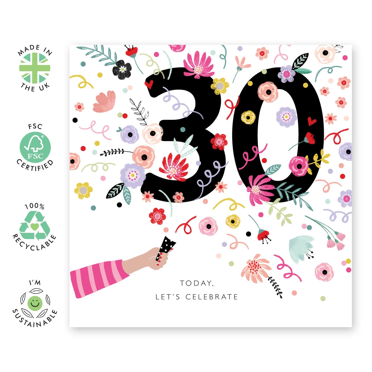 30th Birthday Card For Her - Lets Celebrate 30th Confetti - Wife Mum Mummy Sister - Birthday Card - Floral Bday Card - Happy Thirtieth Birthday Greeting Card Women - Comes With Stickers By Central 23