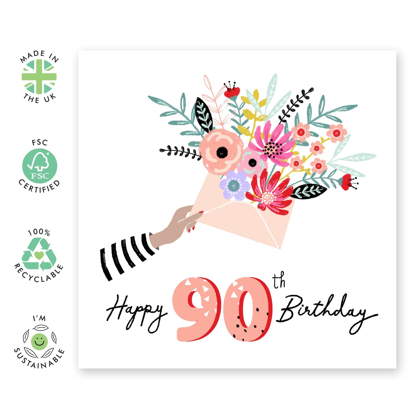 Happy 90th Birthday Card For Her - Pretty Flowers - Elegant Nan Birthday Card Age Ninety - Floral Milestone Cards - Gifts For Women Wife Grandma Sister - Comes With Cute Stickers By Central 23