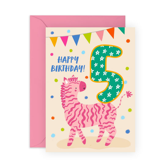 5th Birthday Card Boy Girl - Party Zebra Five Year Old - Happy Fifth Birthday Cards For Kids Baby Toddlers - Gifts For Godson Granddaughter Niece Nephew - Comes With Cute Stickers By Central 23