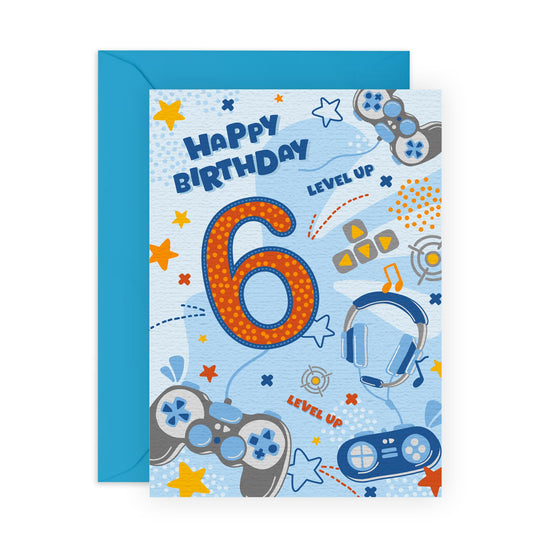 Kids Birthday Card Age 6 - Gamer Birthday Cards For Boys - Happy 6th Birthday Card - 6 Year Old - Video Games Gaming - Gifts For Son Grandson Brother - Comes With Stickers - By Central 23