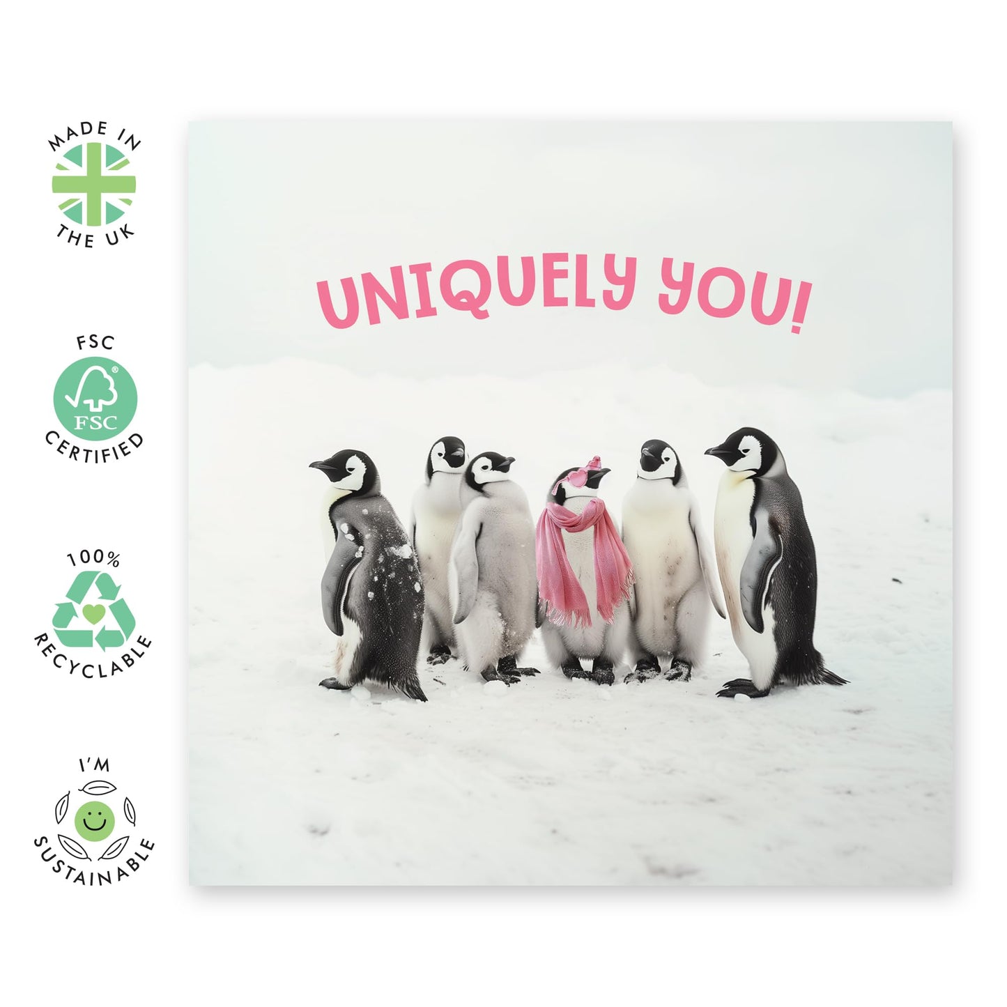 Greeting Card - 'UNIQUELY YOU PINK PENGUIN' - Perfect for Celebrating Individuality with a Stylish & Playful Twist - Ideal for Those Who Embrace Their Unique Charm - Comes With Stickers By Central 23