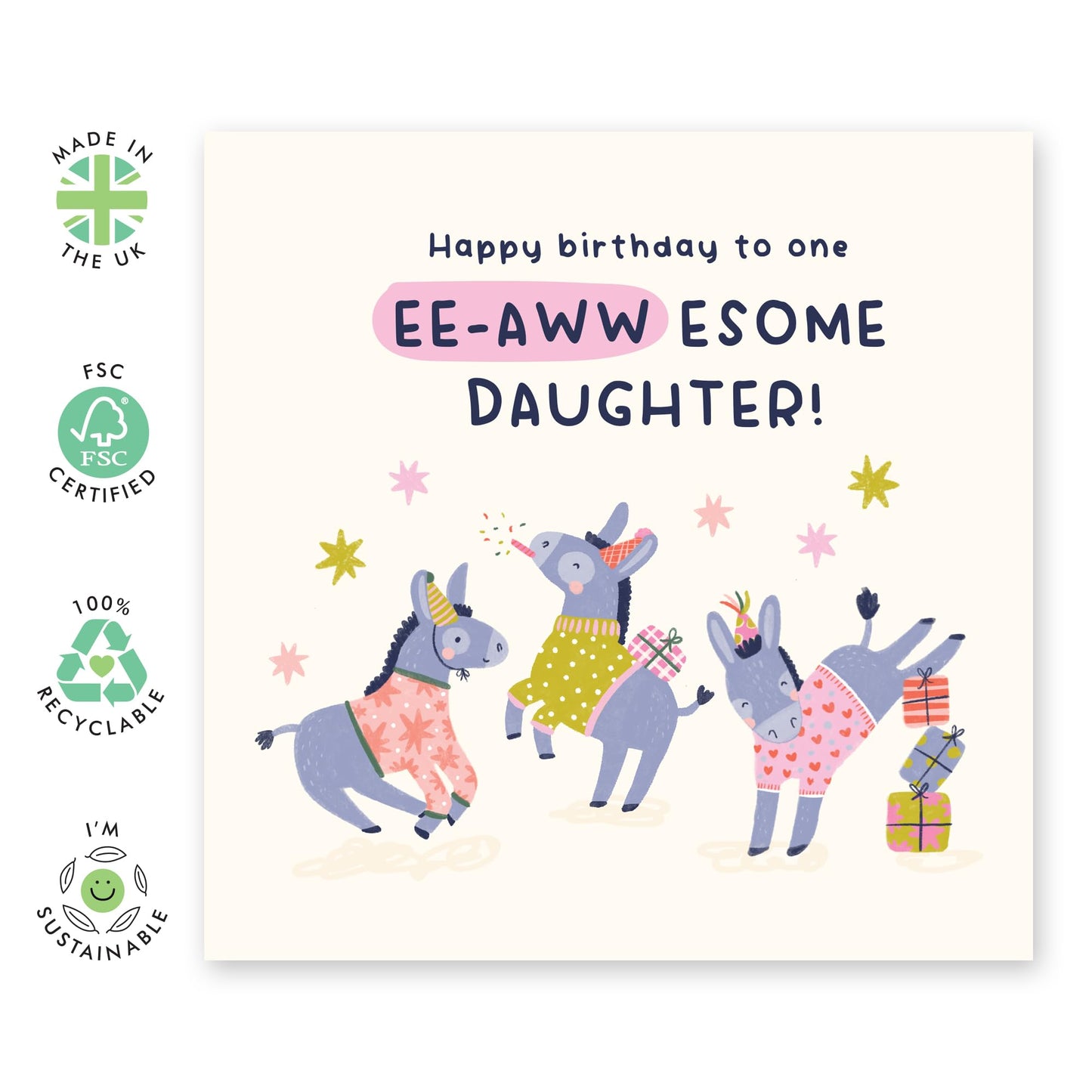 Donkey Party Birthday Card- 'Eee-Awesome Birthday Daughter' - Gifts for Children, Girls, Adult, Her, Family from Mum & Dad - Enjoy - Comes with Fun Stickers