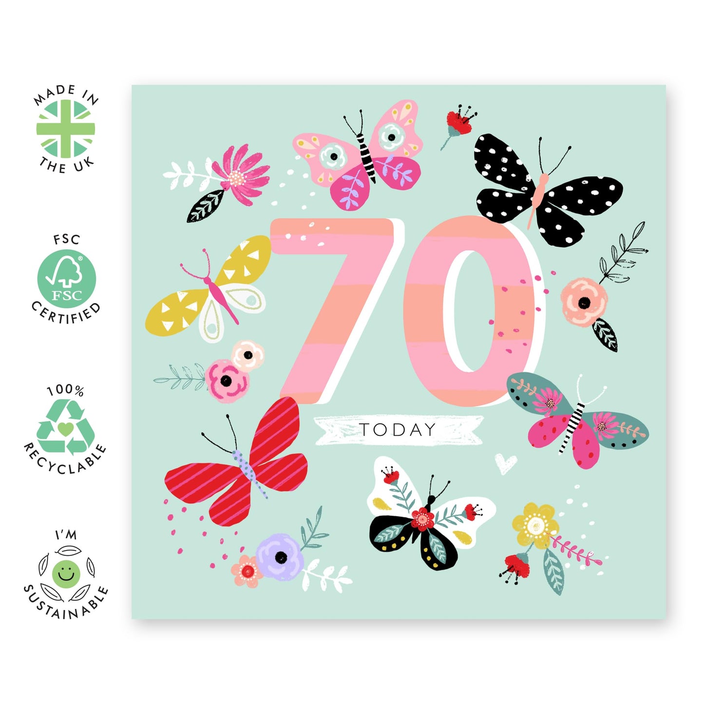 Pretty 70th Birthday Card For Her - Butterflies - Greeting Cards For Women - Age Seventy - Cute Gifts For Mum Auntie Nanny Sister - Comes With Stickers - By Central 23