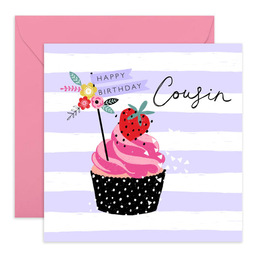 Purple Birthday Card For Cousin - Bday Cupcake Floral Cards And Envelope - Happy Birthday Card For Her Women Female Ladies Her - Gift For Women - Comes With Stickers - By Central 23