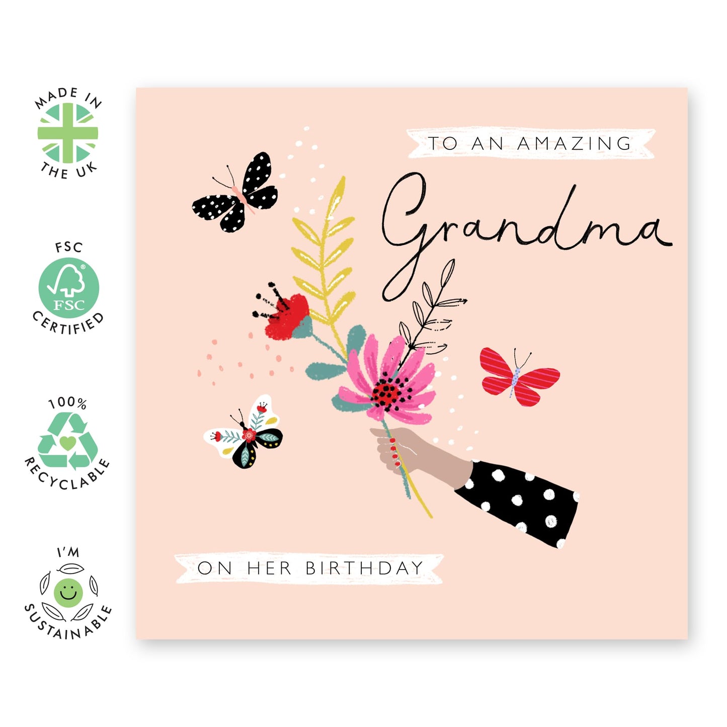 Grandma Birthday Card - Flowers Bunch And Butterfly - Nana Birthday Card For Her - Grandma Gifts For Women - Comes With Stickers By Central 23