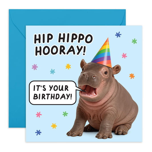 Birthday Card for Boys and Girls– “Hip Hippo Hooray!” - Gift for Him, Her, Son, Daughter, Mum, Dad, Friends, BFF, Bestie - Cute Baby Hippo for Kids and Adults - Comes with Stickers
