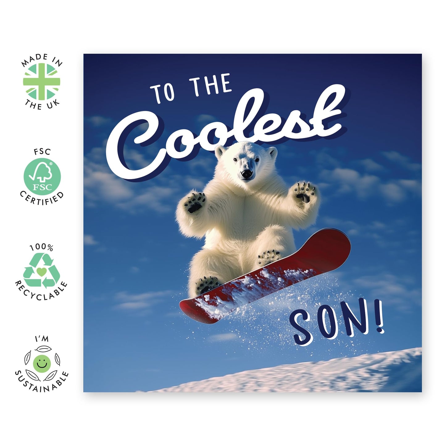 Snow Happy Birthday Card - 'Coolest Son Polar Bear' - Gifts for Sons, In-Laws, Step Son, Boys, Children from Mum & Dad - Snowboard - Comes with Fun Stickers