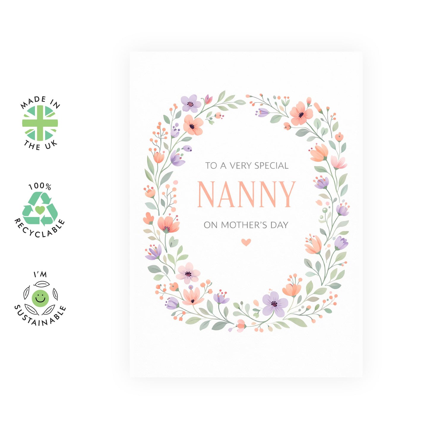 Nanny Mother’s Day Card – Floral Wreath – Sweet Greetings for Grandma Grandmother Her Ladies Women from Grandchildren Grandson Granddaughter - Paster Colours -Comes with Sweet Stickers
