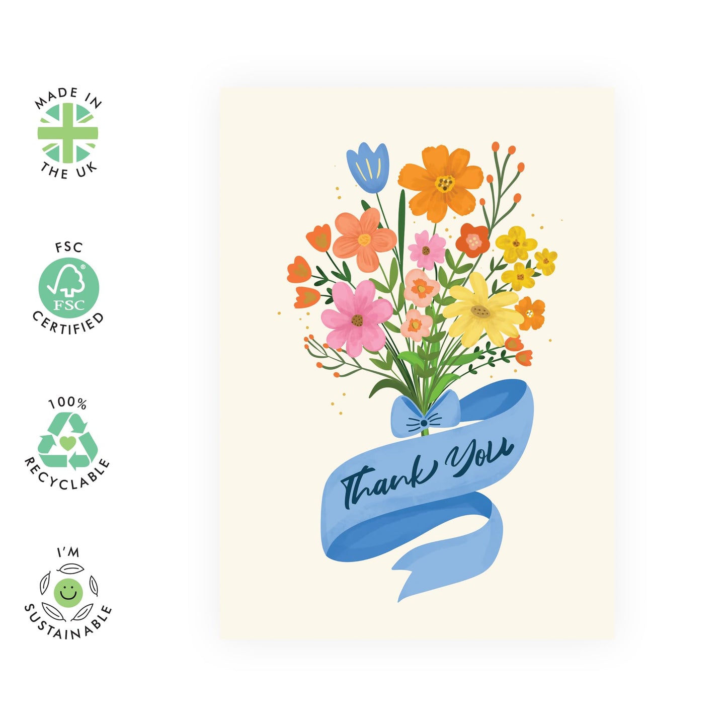 Thank You Flower Bouquet Greeting Card - 'Thank You Floral Ribbon' - Gifts for Friends, Colleagues, Co-workers, Family, Relatives, Mum, Dad, Bestie - Saying Thanks - Comes with Fun Stickers